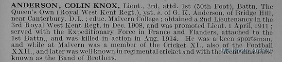 Anderson C K Lt 1st Queens Own Royal West Kent Regiment Obit