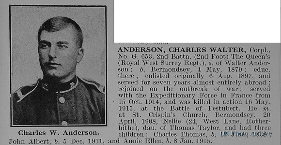 Anderson C W Cpl G-653 2nd Queens Royal West Surrey Regiment Obit