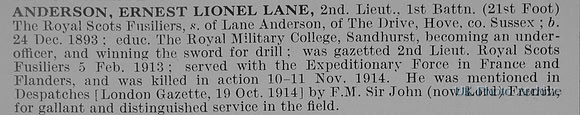 Anderson E L L 2nd Lt 1st Royal Scots Fusiliers Obit