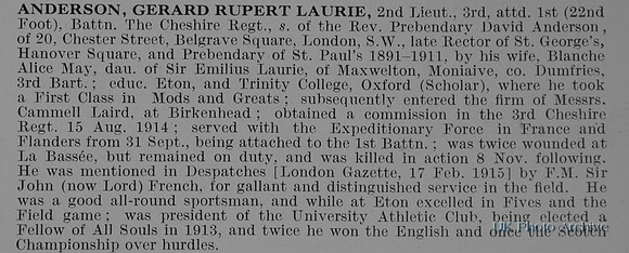 Anderson G R L 2nd Lt 1st Cheshire Regiment Obit