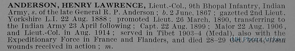 Anderson H L Lt Col Indian Army Obit