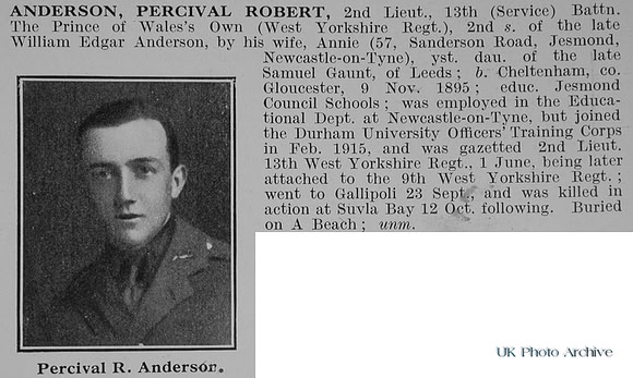 Anderson P R 2nd Lt 13th West Yorkshire Regiment Obit