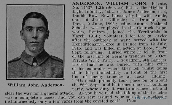 Anderson W J Pte 17537 12th Highland Light Infantry Obit
