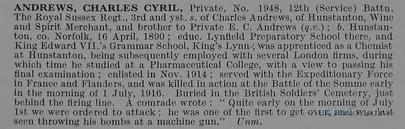 Andrews C C Pte 1948 12th Royal Sussex Regiment Obit