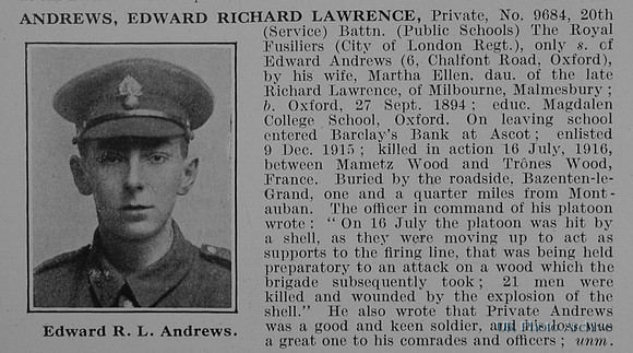 Andrews E R L Pte 9684 20th Royal Fusiliers Obit