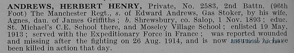 Andrews H H Pte 2583 2nd Manchester Regiment Obit