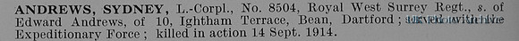 Andrews S L/Cpl 8504 1st Queen's Royal West Surrey Regiment Obit