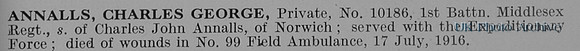 Annalls C G Pte 10185 1st Middlesex Regiment Obit