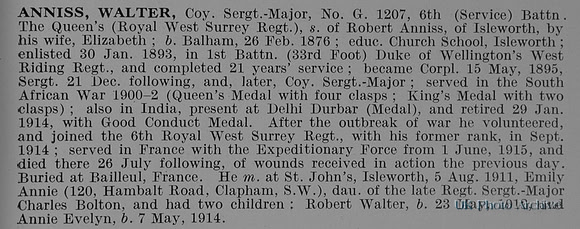 Anniss W Coy Sergt Major G/1207 6th Queens Royal West Surrey Regiment Obit