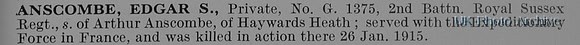 Anscombe E S Pte G/1375 2nd Royal Sussex Regiment Obit