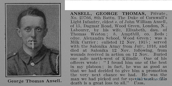 Ansell G T Pte 23766 8th Duke Of Cornwalls Light Infantry Obit