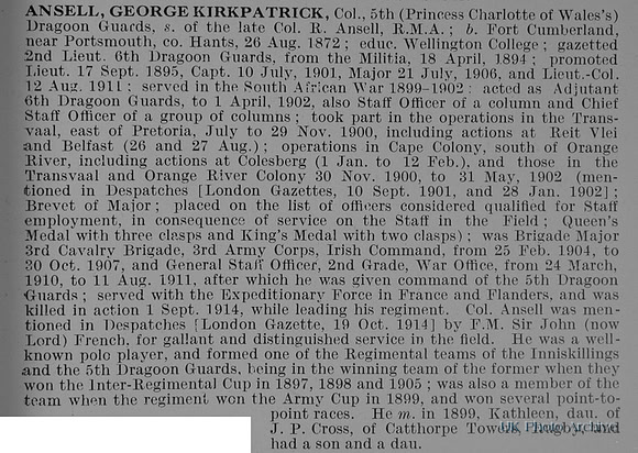 Ansell G K Col 5th Dragoon Guards Obit