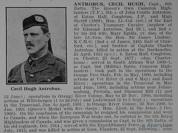 Antrobus C H Captain 6th Cameron Highlanders Obit