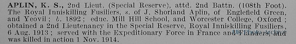 Aplin K S 2nd Lt 2nd Royal Inniskilling Fusiliers Obit