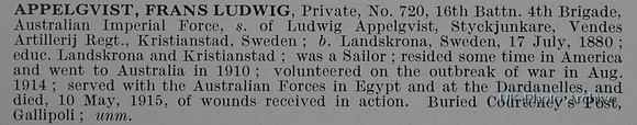 Appelgvist F L Pte 720 16th Australian Imperial Force Obit