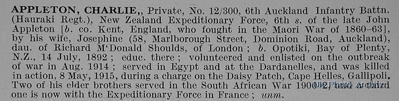 Appleton C Pte 12/300 6th Auckland Infantry Btn NZEF Obit