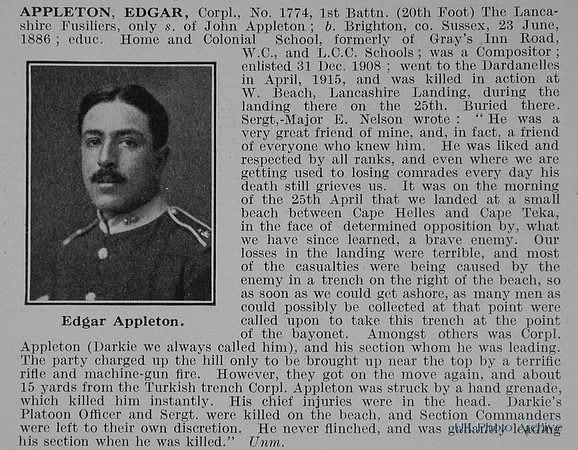 Appleton E Cpl 1774 1st Lancashire Fusiliers Obit