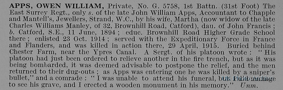 Apps O W Pte G5758 1st East Surrey Regiment Obit
