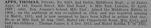 Apps T Pte 6353 2nd Middlesex Regiment Obit