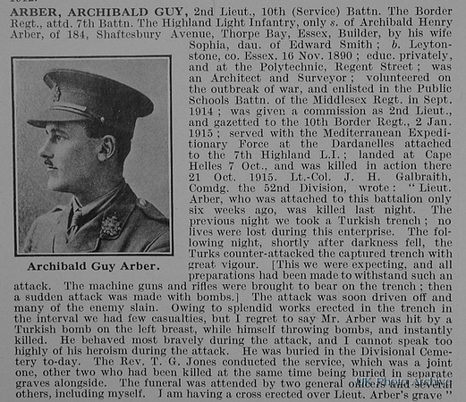 Arber A G 2nd Lt 10th Border Regiment Attd 7th Highland Light Infantry Obit