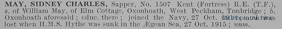May S C Sapper 1507 Royal Engineers Obit