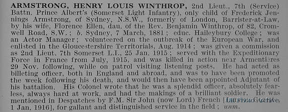 Armstrong H L W 2nd Lt 7th Somerset Light Infantry Obit