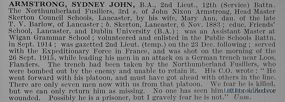 Armstrong S J 2nd Lt 12th Northumberland Fusiliers Obit