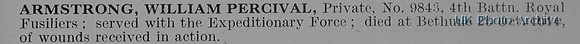 Armstrong W P Pte 9843 4th Royal Fusiliers Obit