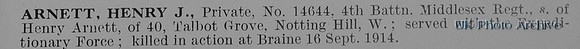Arnett H J Pte 14644 4th Middlesex Regiment Obit