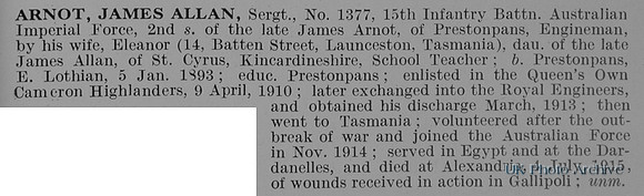 Arnot J A Sergt 1377 15th Australian Imperial Force Obit