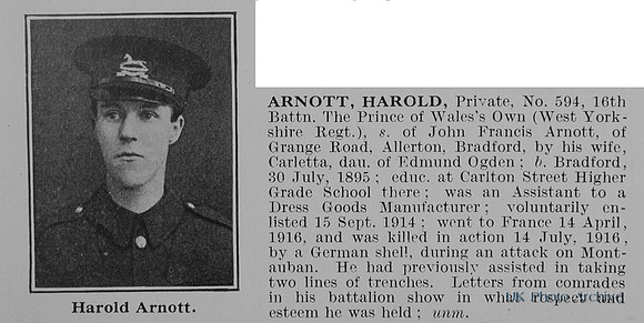 Arnott H Pte 594 16th West Yorkshire Regiment Obit