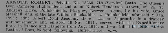 Arnott R Pte 15260 7th Cameron Highlanders Obit