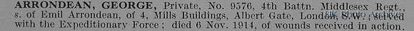 Arrondean G Pte 9576 4th Middlesex Regiment Obit