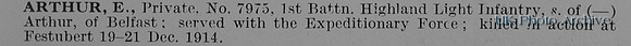 Arthur E Pte 7975 1st Highland Light Infantry Obit