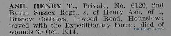 Ash H T Pte 6120 2nd Royal Sussex Regiment Obit