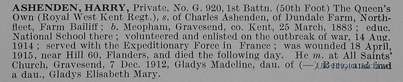 Ashenden H Pte G/920 1st Queens Own Royal West Kent Regiment Obit