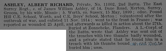 Ashley A R Pte 11002 2nd East Surrey Regiment Obit