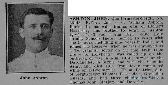 Ashton J Qtr Mst Sergt 36143 Royal Field Artillery Obit