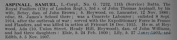 Aspinall S L/Cpl G/7232 11th Royal Fusiliers Obit
