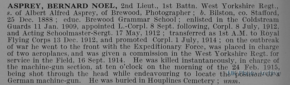 Asprey B N 2nd Lt 1st West Yorkshire Regiment Obit