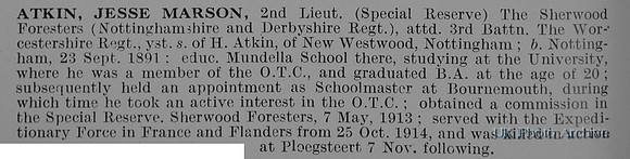 Atkin J M 2nd Lt Notts And Derby Regiment Attd 3rd Worcestershire Regiment Obit