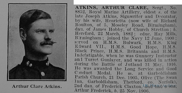 Atkins A C Sergt 8852 Royal Marine Artillery Obit