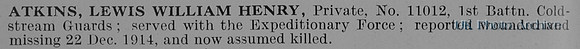 Atkins L W H Pte 11012 1st Coldstream Guards Obit
