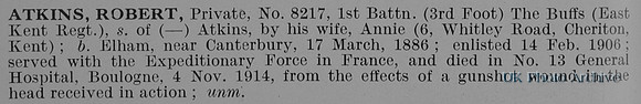 Atkins R Pte 8217 1st East Kent Regiment Obit