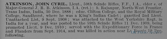 Atkinson J C Lt Indian Army Obit