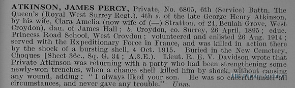 Atkinson J P Pte 6805 6th Queens Royal West Surrey Regiment Obit