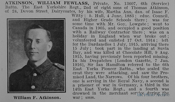 Atkinson W F Pte 13607 6th East Yorkshire Regiment Obit