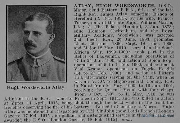 Atlay H W Major DSO Royal Field Artillery Obit