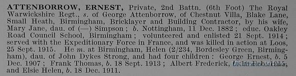 Attenborrow E Pte 2nd Royal Warwickshire Regiment Obit