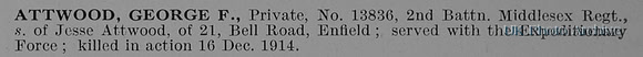 Attwood G F Pte 13836 2nd Middlesex Regiment Obit
